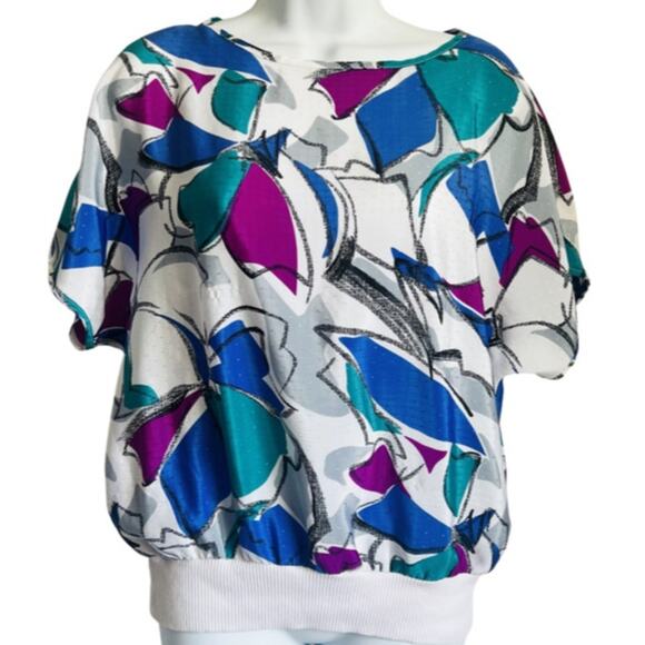 Vintage 80s White Blue Green Abstract Short Sleeve Tee Oversize size S / M - Picture 1 of 10
